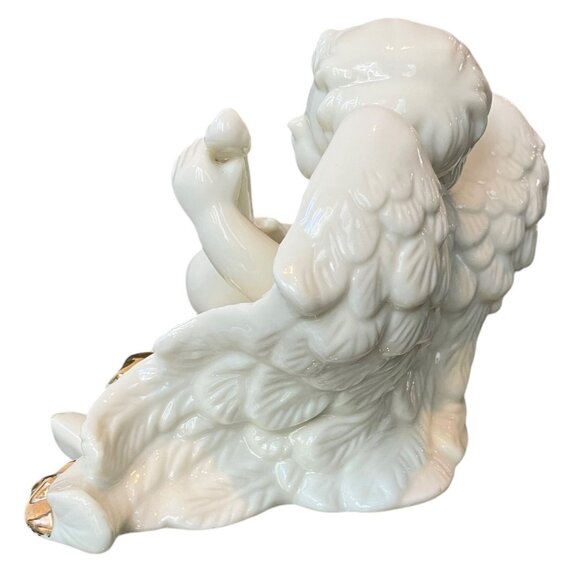 VTG Porcelain White Cherub Angel 24K Gold Sash Playing Harp Sculpture/ Figurine - Picture 5 of 14